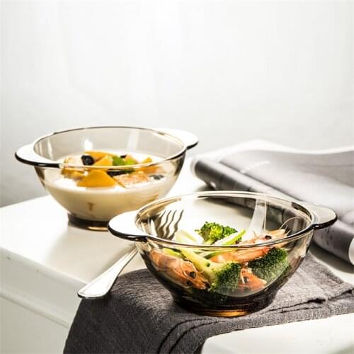 Thicken Heat Resistant Toughened Glass Bowl Transparent Dark Brown Fruit Salad Dessert Soup Instant Noodle Oatmeal Bowl Binaural