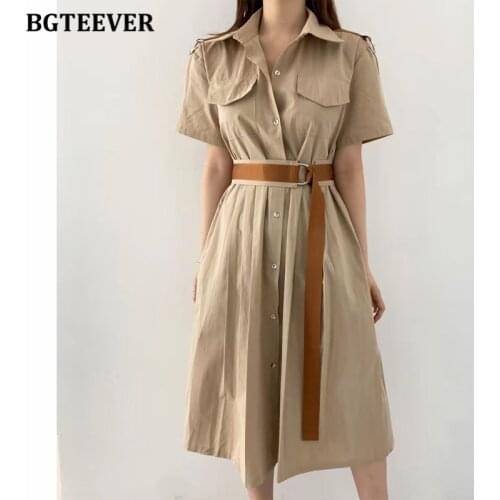 BGTEEVER Fashion Stylish Lapel Women A-line Dress Short Sleeve Sashes Belted Pockets Female Solid Dress 2021 Summer Vestidos