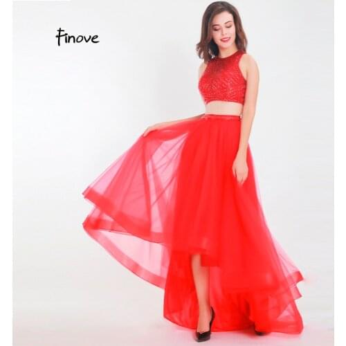 Finove Prom Dresses 2020 New Design Two Pieces Set Gorgeous Red Luxury Beading Lightly Tulle Floor length Party Woman Gwons