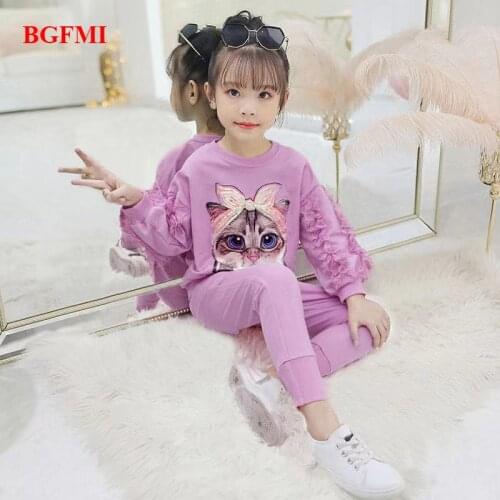 2020 Cotton Tracksuit Girls Round Neck Pullover Lace Girls Sport Suits Fall Children Clothing Sports Set Casual Kids Outfits