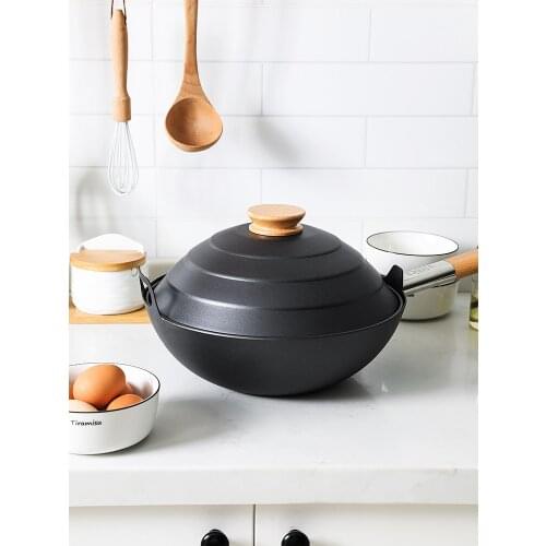Fine iron flat bottom non stick pot household Chinese wok electromagnetic stove uncoated wok gas cooker rice soup stew stewpan