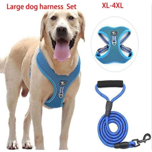 Large Dog Harnesses And Leash Set Explosion-Proof Outdoor Pet Harnesses Reflective Breathable Durable Hook Blue Harness XL-4XL
