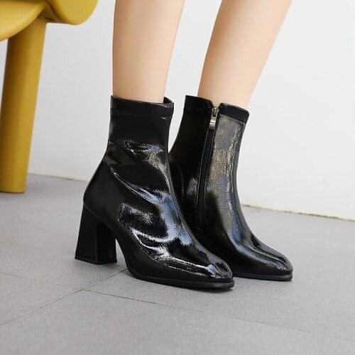 Women boots thick high heel pointed toe ankle boots fashion side zipper dress boots short plush winter black split leather shoes