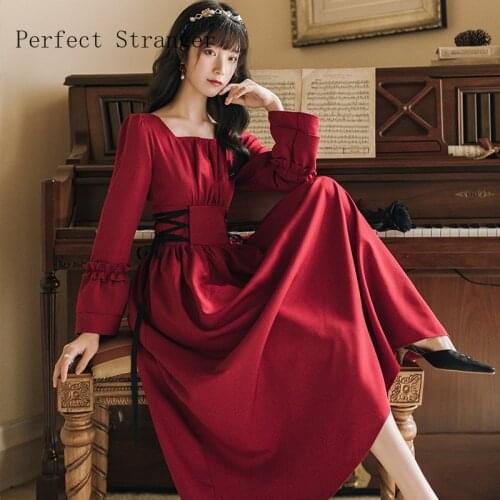 2021 Autumn New Arrival High Quality Hot Sale Square Collar Bandage Collect Waist Women Long Dress Red