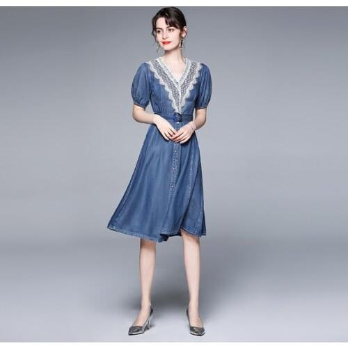 JSXDHK 2021 New Summer Denim Dress Runway Elegant Women Single Breasted V Neck Soft Tebcel Jean Splicing Lace Vestidos With Belt