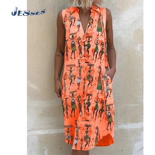 Ladies Fashion Printed Street Dress V-neck Sleeveless Large Sized Robe Summer Turndown Collar Casual Dresses Women Vestidos 5XL