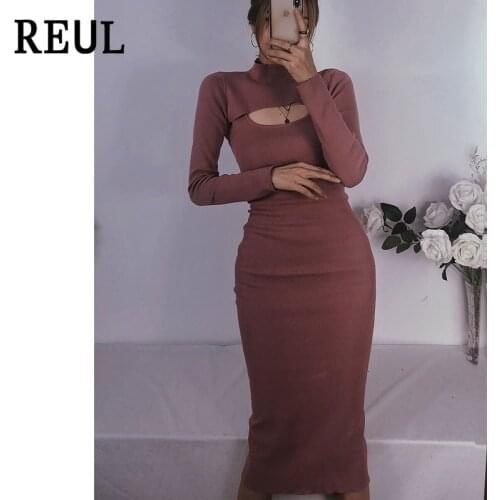 REUL Za Women 2021 Fall Fashion Pink Knit Combination Soft Midi Dress Vintage V Neck Long Sleeve Female Set Dresses Vestidos