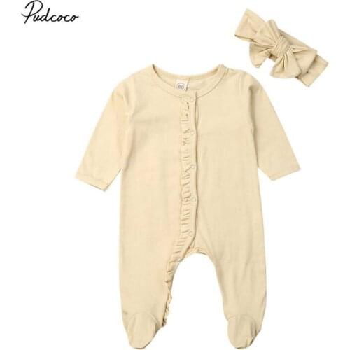 2019 Brand Infant Kids Baby Boy Girl Soft Cotton Romper Headband Solid Long Sleeve Jumpsuit Pyjamas Sleepwear Clothes Outfit
