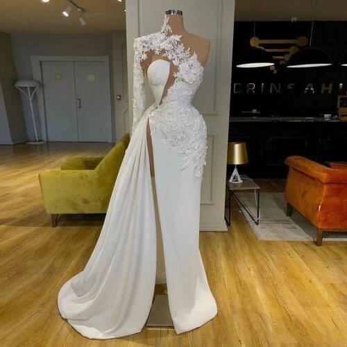 2020 Arabic Dubai Exquisite Lace White Prom Dresses High Neck One Shoulder Long Sleeve Formal Evening Gowns Split Party Dress