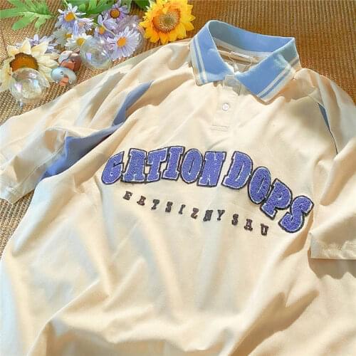 American Vintage Chic Embroidery Contrast Color POLO T Shirts Oversized Lovers Teens Summer Short Sleeve New Korean Fashion Tops