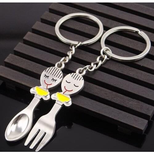 FREE SHIPPING BY DHL 200 pairs/lot Wholesale Metal Fork and Spoon Couple Keychains Cutlery Keyrings for Lovers Gifts