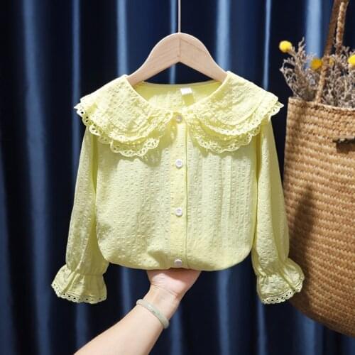 Baby Toddler Spring Casual Loose Clothes Turn Down Collar White Blouse Double Lace Hollow Collar Ruched Long Sleeve Soft Tops