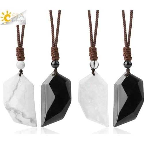 CSJA Reiki Angel Wings Natural Stone Necklace Clear Crystal Quartz Necklaces Pendant for Couple Black White Howlite Jewelry G663