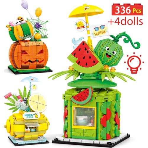 City Street View Creator LED Light Fruit House Building Blocks Architecture Friends MOC Potted Plants Bricks Toys for Girls Gift