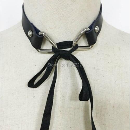 Punk Cute Handmade Harajuku Triangle Metal Ribbon Lace Up Tied Leather Choker Collar Necklace