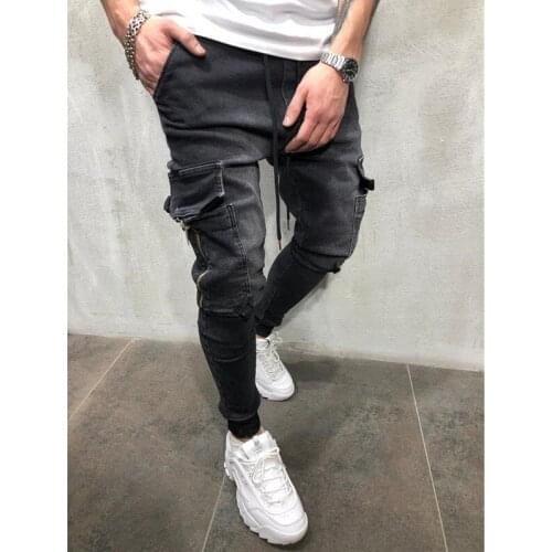 Mens denim trousers casual side pocket sports pants drawstring jeans men