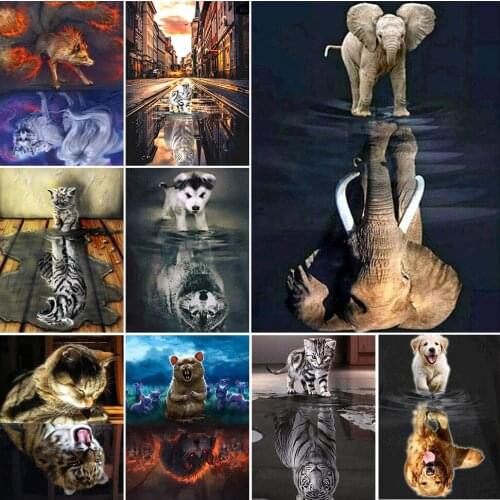 5D DIY Square Diamond Painting Animal Diamond Embroidery Cat Tiger Reflection Picture Rhinestone Mosaic Kit Home Decoration Gift