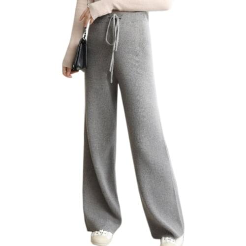 2020 New Autumn Winter Women 100% Cashmere And Wool Pants Soft Waxy Comfortable High-Waist Knitted Female Thicken Wide Leg Pant