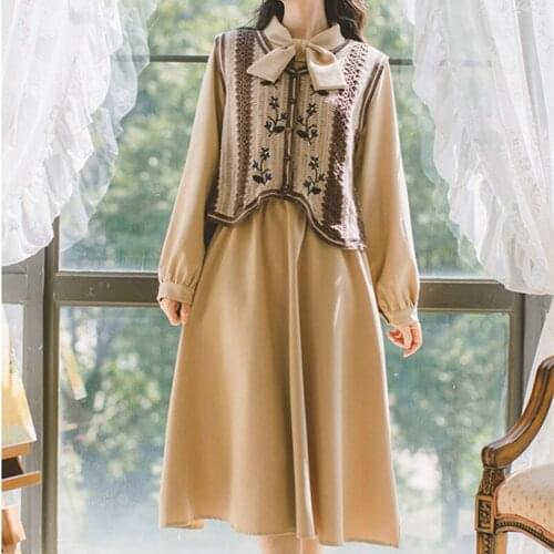 SWEETXUE Solid Color Embroidered Waistcoat Vest Dress Two-Piece Dress Women Preppy Style