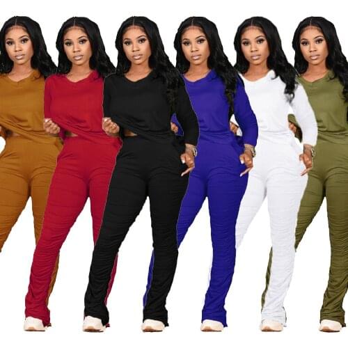 Casual Women Two Piece Set Joggers Pleated Stacked Sweatpants Tracksuit Sportsuit Long Sleeve Winter Suit For Women