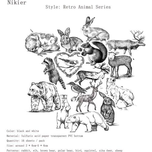 16 PCS Retro Animal Series Illustrated Stickers Sulfuric Acid Sticker In The Diary Plan Deco Stationery Bullet Journal Stickers