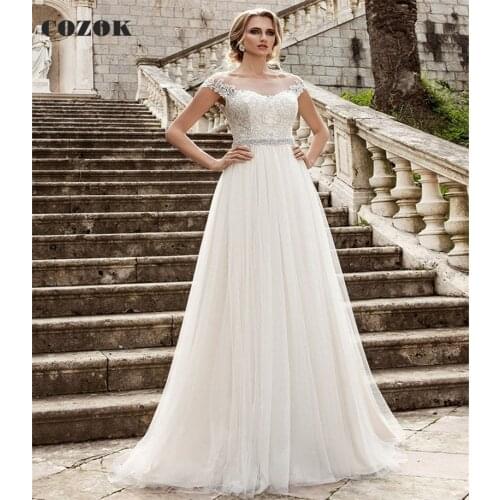 A-line O-neck Tulle Lace Crystal Sash Wedding Dresses Long Formal Elegant Bride Wedding Gowns Custom Size CZ66