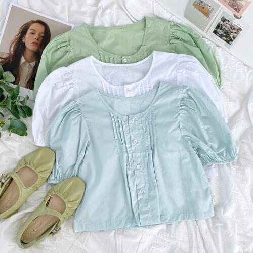 Japanese sweet puff sleeve summer round neck buttoned slim short-sleeved shirt