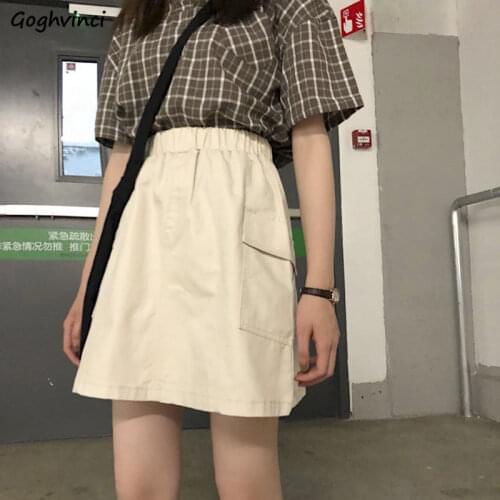 Skirts Women Solid Pockets Vintage Elastic Waist Preppy Style All-match Fashion Kawaii Female Mini Skirt Gothic Harajuku Fashion