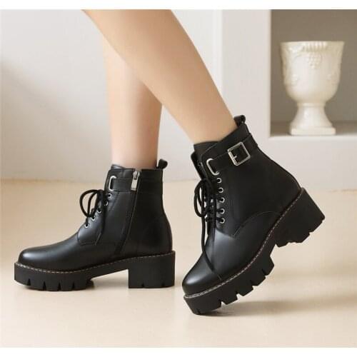 YMECHIC 2021 Vintage Black Block High Heel Winter Shoes Buckle Lace Up Punk Platform Ankle Biker Military Combat Boots for Women