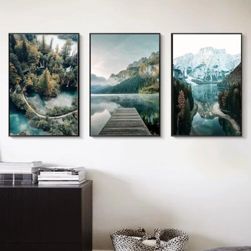 Spectacular Nature Landscape Wall Art Poster, Nordic Mountain Lake Boat Print Painting