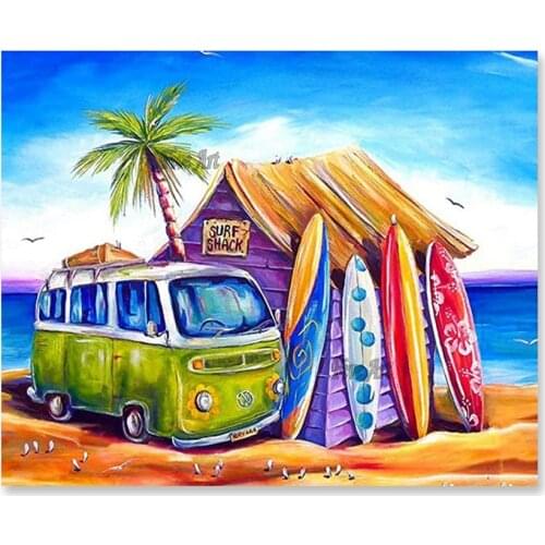 100% Hand Painted Abstract Sea Side Beach Scenery Oil Painting Cartoon Bus Picture Colorful Acrylic Canvas Wall Art For Children