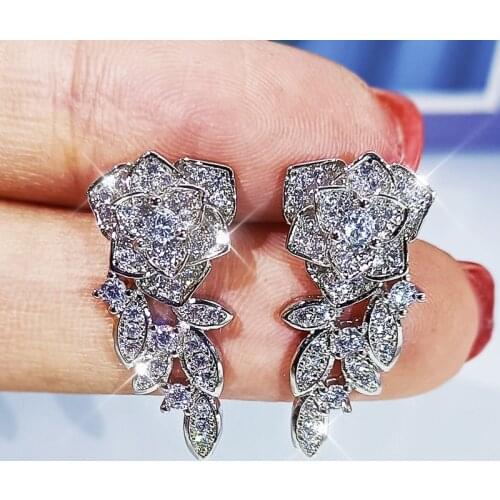 2021 New Fashion AAAA Zircon Flower Earrings Womens Rose Flower Earrings 925 Silver Womens Jewelry Korean Earrings