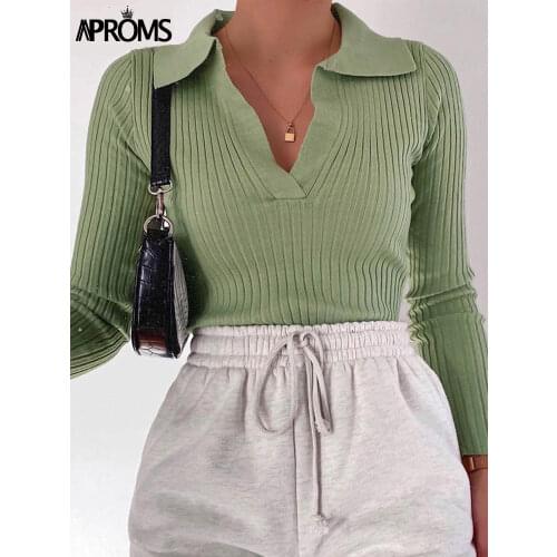 Aproms Vintage Candy Color V-neck Ribbed Knitted Sweaters Women Long Sleeve Soft Bodycon Pullovers 2021 Spring Stretch Jumpers