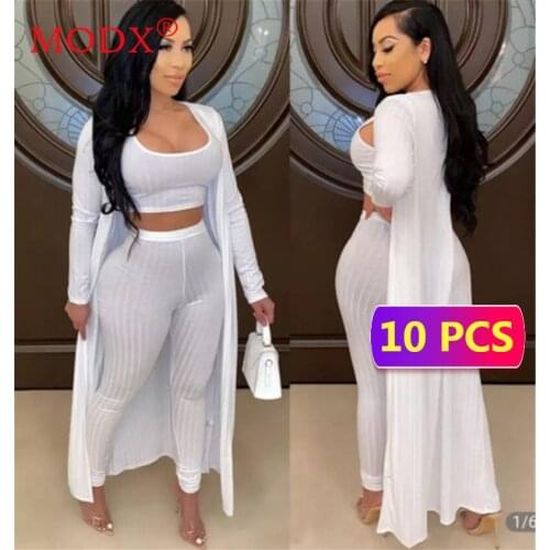 Bulk Items Wholesale Lots Pant Suits Women Three Piece Set Outfits Solid Raised Lines Tank Pant and X-long Trench Coat M7228