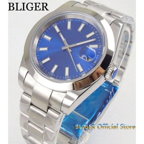 Fashion 40mm blue dial mens watch men date magnifier luminous saphire glass polished bezel MIYOTA 8215 Automatic movement