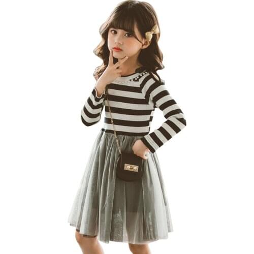 Kids Dresses For Girls Striped Party Dress For Girls Long Sleeve Children Mesh Dresses Pearls Costume For Girls 6 8 10 12 14