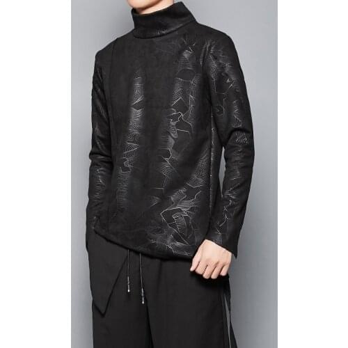 Free shipping New Mens Male High-end tailoring imitation deer suede leather long-sleeved slim printed high-neck trendy t shirt