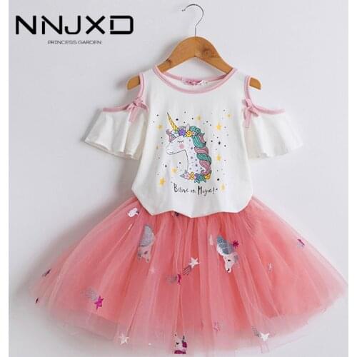 Unicorn Pattern T-Shirt and Mesh Dress for Baby Girls 3-8Yrs Outfits 2pcs Summer Casual Holiday Beach Dress Children Clothes