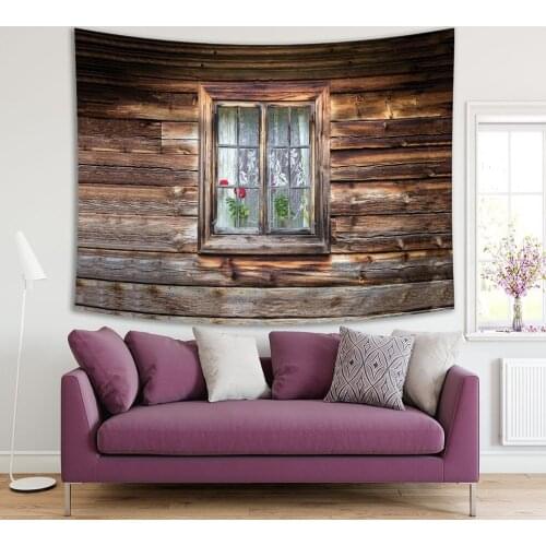 Tapestry Window and Old Wooden Walls Flowers Plants in Pots Countryside Village House Printed Brown Color