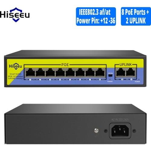 Hiseeu 48V 8 Ports POE Switch with Ethernet 10/100Mbps IEEE 802.3 af/at for IP Camera/CCTV Security Camera System/Wireless AP ft
