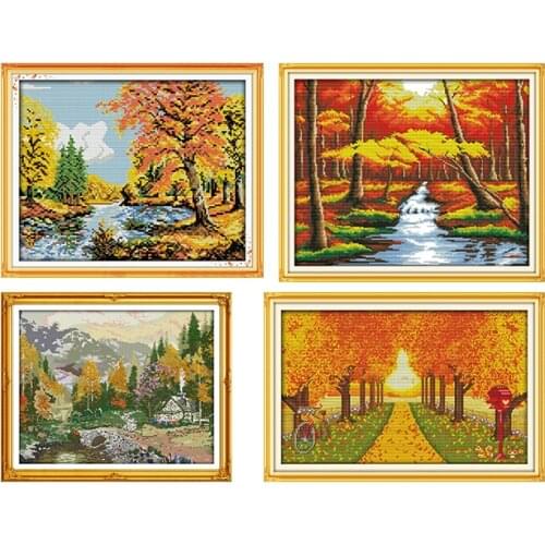 Joy Sunday Cotton Thread Scenic Series Paintings Autumn Scenery 11CT14CT DMS Cross Stitch Pattern Embroider Kits Needlework Sets