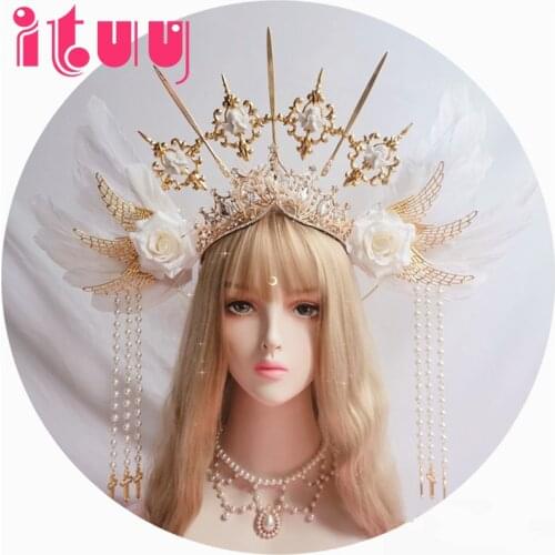 KC Crown Headwear White Angel Feather Wing Virgin Mary Bead Chain Baroque Wedding Tiara Gold Halo Lolita Gothic Hair Accessory