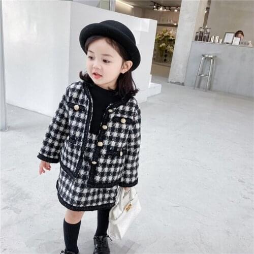 Black White Plaid Tweed Girls Clothing Set for Kids Boutique Fashion Skirt 2pcs Outfit for Children 1-6Yrs