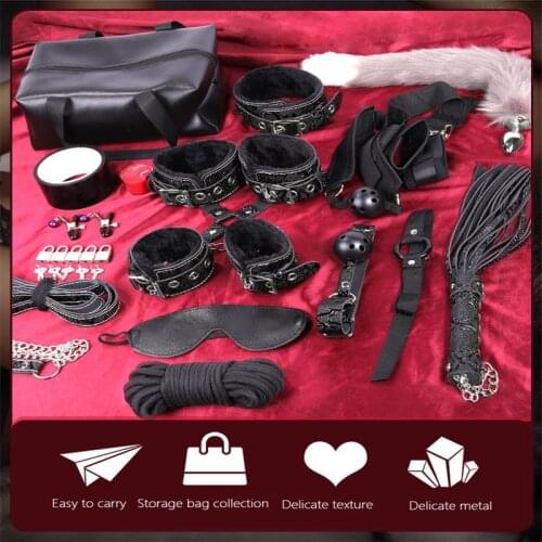 Leather Bondage BDSM Sex Toy Handcuffs Whip Nipples Clip Blindfold Mouth Gag Adult Sex Toys Kit Bondage Flirt Games For Couples