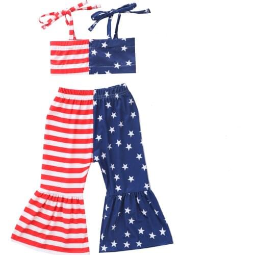 2021 Summer Kids Baby Girl Independence Day Striped Star Print Tank Tops Flared Pant Bell Bottom 2PCS Girls Clothing Set