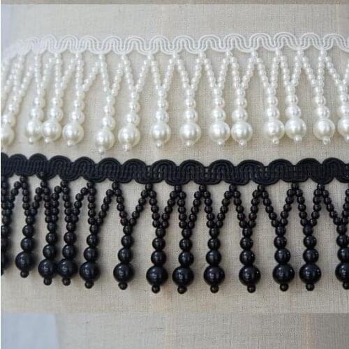 Hot 0.5meter/lot Black White Beads Lace Tassel Fringe Patchwork Ribbon Encryption Beaded DIY Decoration Accessory X417