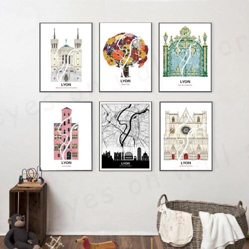 Lyon Map Wall Art Canvas Painting Nordic City Building Posters and Prints Parlor Salon Decoration Flower Tree Wall Painting
