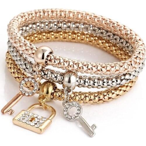 Multi-layer Key Crystal Heart Bracelet Bangle Gold Elephant Pendant Female Rhinestone Bracelet Wedding Jewelry