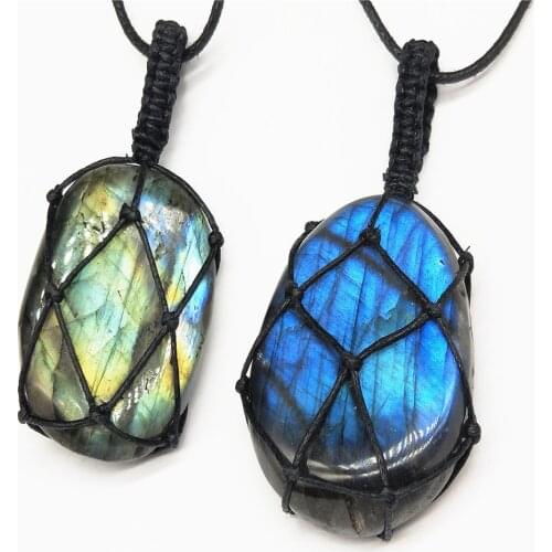 Natural Moonstone Labradorite Pendant Necklace Handmade Woven Rope Necklace Moonlight Stones Jewelry For Women Adjustable Chain