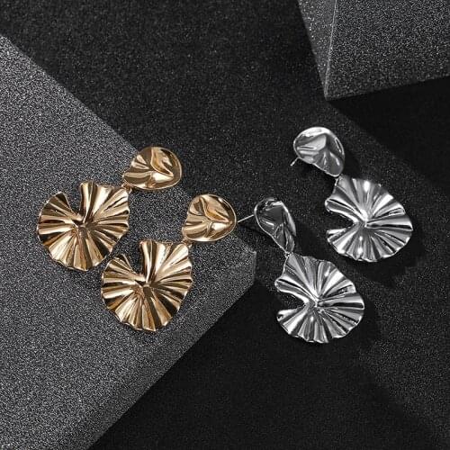 S925 Simple Drop Earrings Women Exaggerated Geometric Alloy Design Embossed Folds Gold Earring Fashion Jewelry Gift Wholesale